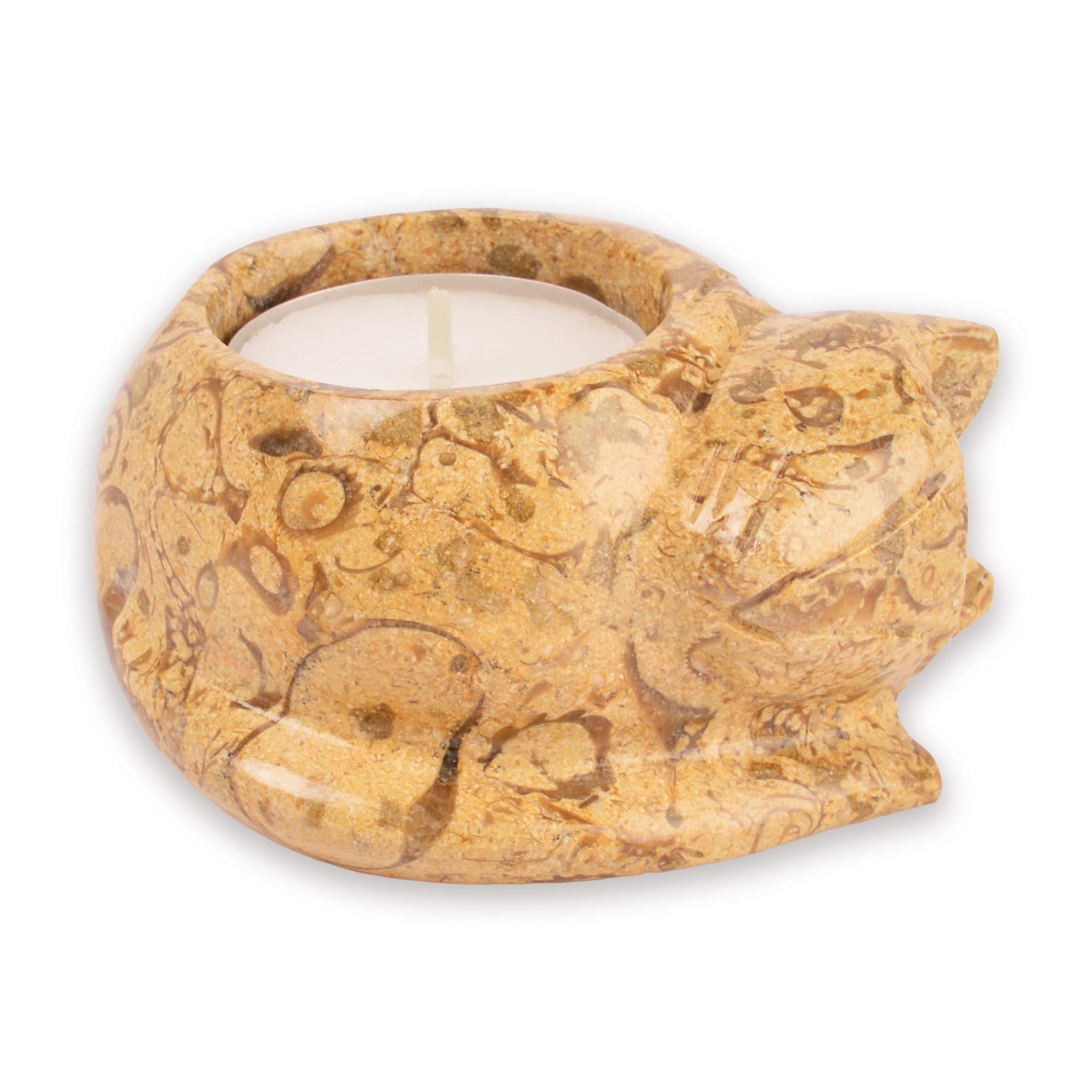 British Fossils Himalayan Marble Cat Tea Light Holder - Beige Fossilstone