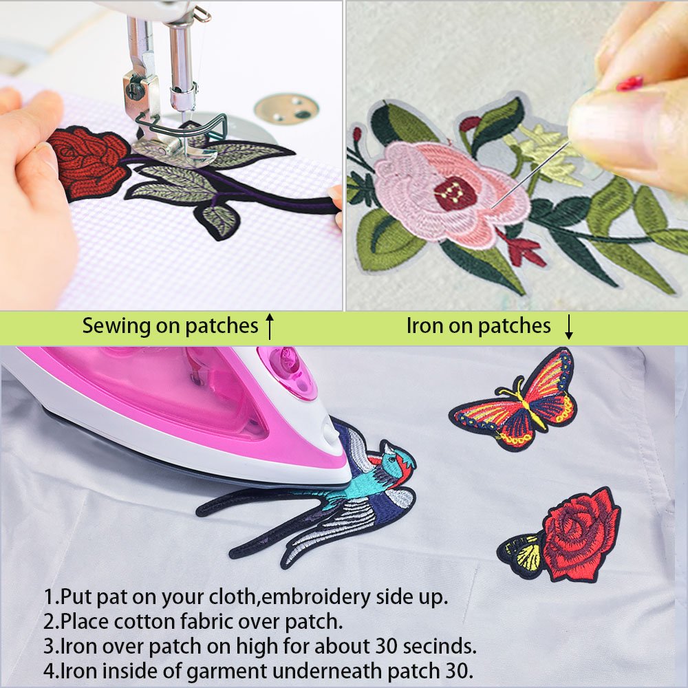 DIY Iron on Patches-OKEER 17Pcs Large Size Flower Birds Butterfly Inserts Embroidery Iron Sewing On Applique Patches for Jackets Backpacks Jeans Clothing (Patch - Flower)