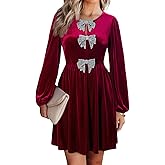 Happy Sailed Womens Velvet Dress Fall Winter Long Sleeve Bowknot High Waisted A Line Cocktail Dresses for Wedding Guest