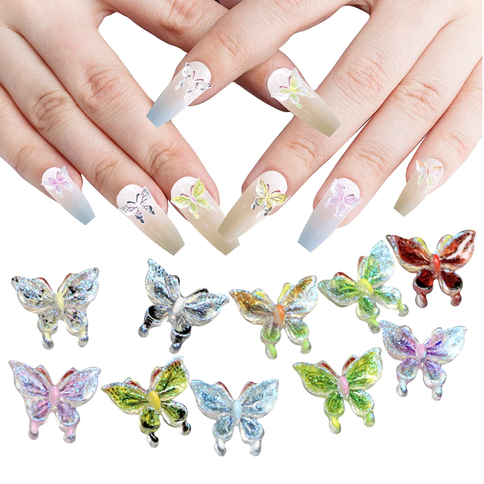 HOINCO Nail Charms 3D Resin Butterfly Nail Charms,Butterfly Nail Jewelry for Nail Art Decoration Blue,Green,Orange,Purple,White