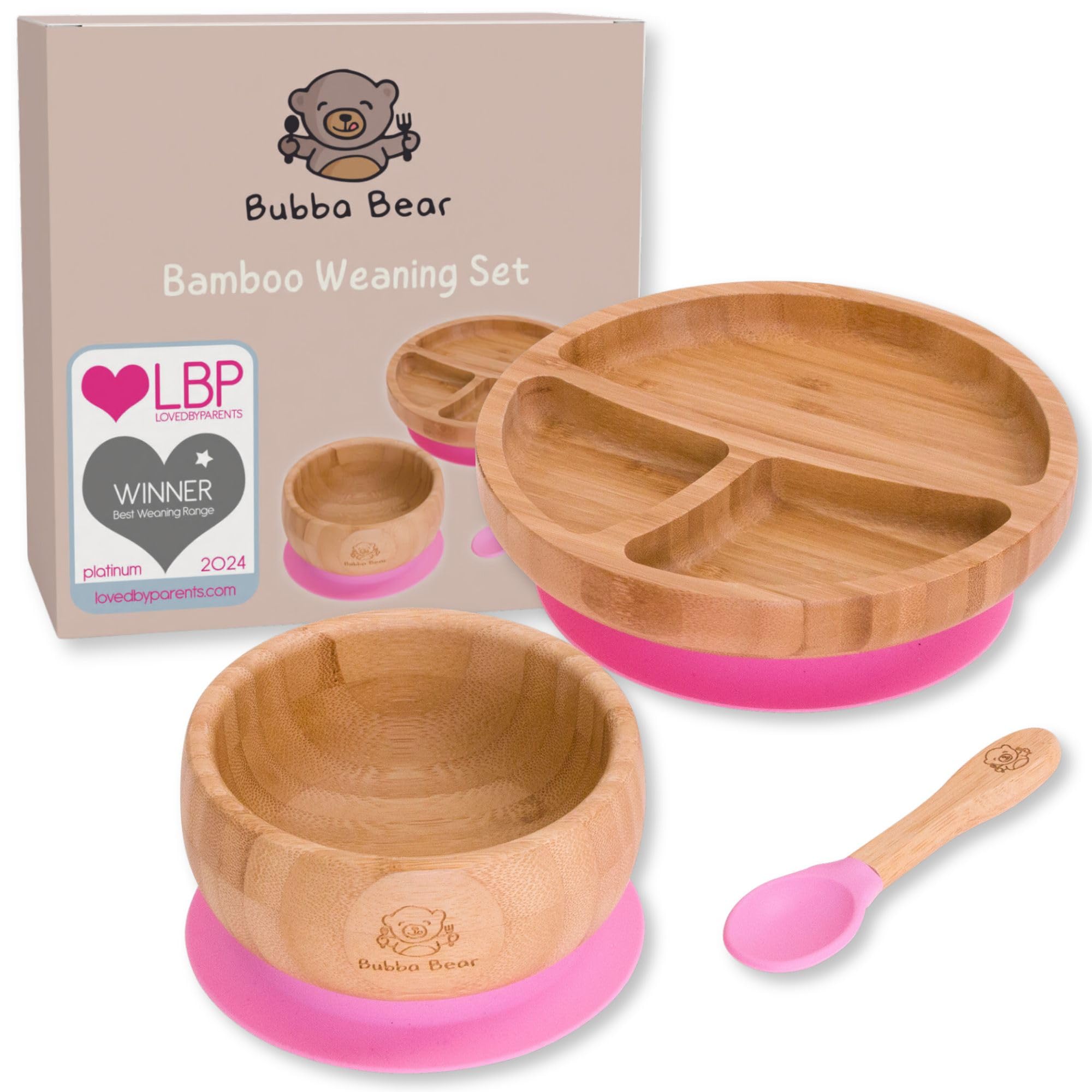 Bubba Bear Baby Weaning Set | Bamboo Plates, Bowls & Spoons for Toddler Led Feeding | Suction Plate, Bowl & Spoon Sets for Babies from 6 Months | Optional Matching Kids BLW Bib (Pink)