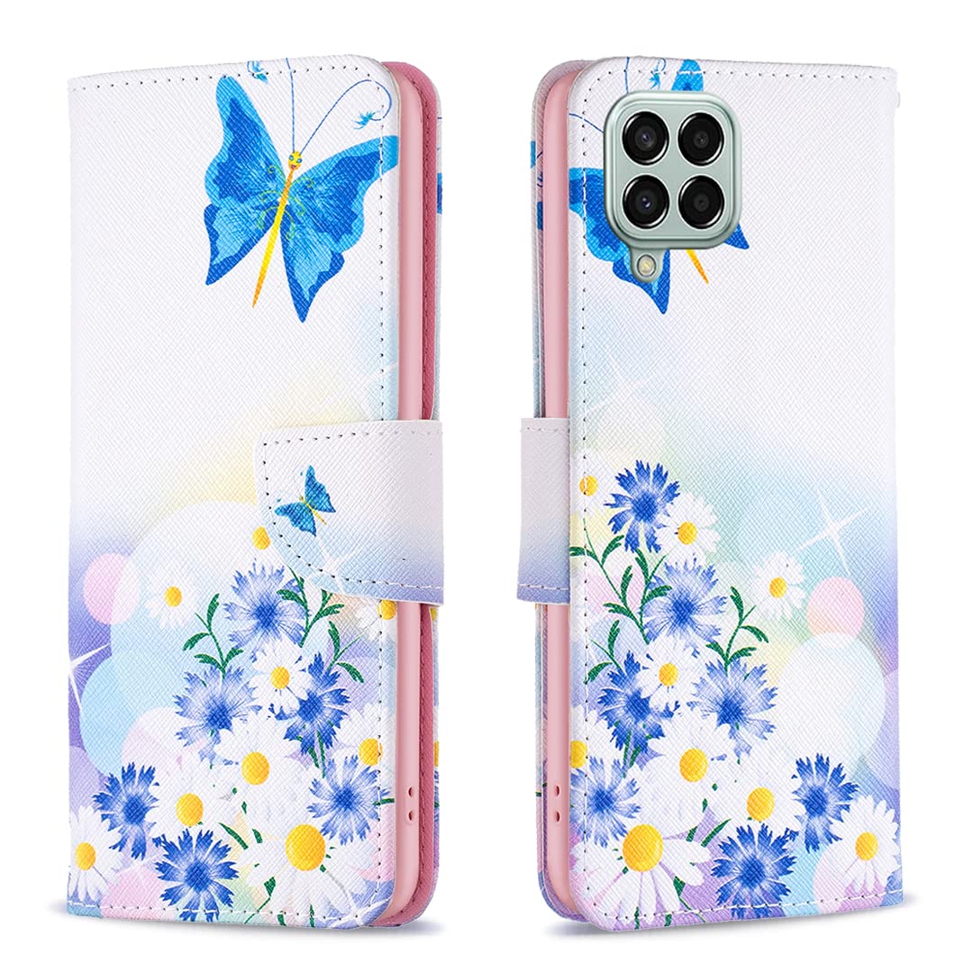 Samsung A12 / M12 Case Shockproof Slim PU Leather Flip Pouch Wallet Phone Silicone Cover with Magnetic Stand Card Holder Slot Protective Smartphone Cases for Samsung Galaxy A12 / M12 Butterfly Daisy