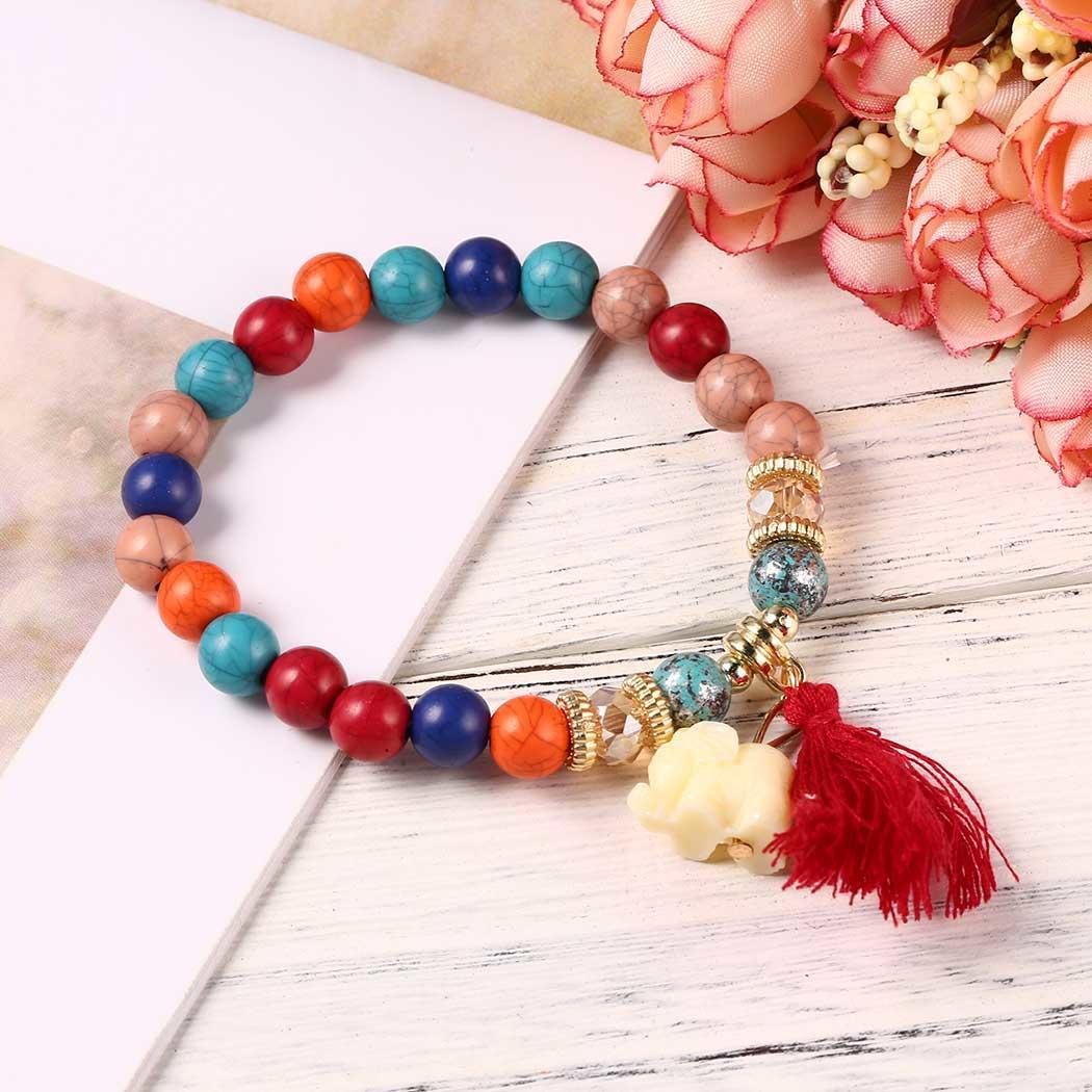 Goldenfox New Women Fashion Tassel Elephant Bangle Bracelet Beads Wristband Strand