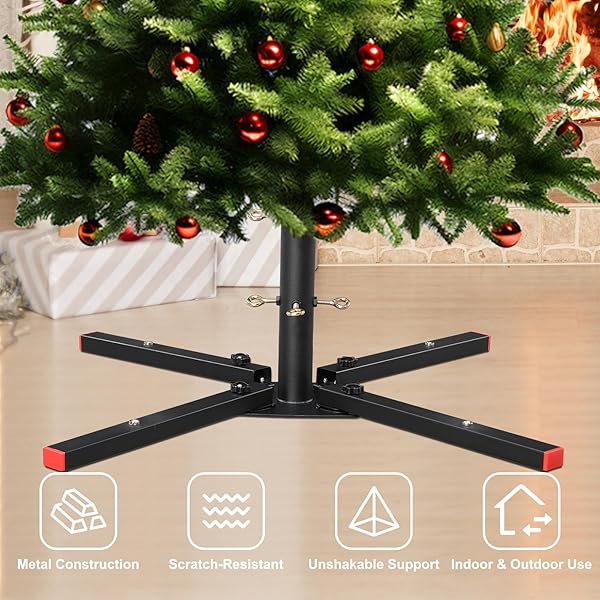 NEZHEIZERY CHRISTMAS TREE STAND FOR 6-10 FT TREES WITH MAGNETIC STORAGE – HEAVY DUTY METAL BASE, 4-WAY LOCKING SCREWS, SCRATCH RESISTANT MATTE BLACK FINISH
