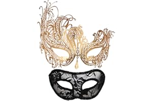 MYMENU Masquerade Mask For Couples Women Metal Rhinestone Venetian Pretty Party Evening Prom ball Mask Luxury Metal Mask with Free Lace Mask 2 Pack (Queen Gold)