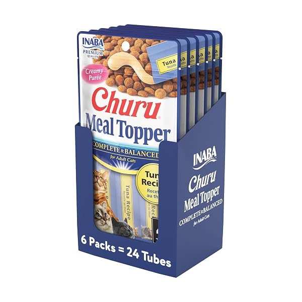 INABA CHURU MEAL TOPPER FOR CATS, COMPLETE & BALANCED, CREAMY, LICKABLE PURÉE CAT FOOD TOPPER, 0.5 OUNCE TUBE, 24 TUBES (4 PER PACK), TUNA RECIPE