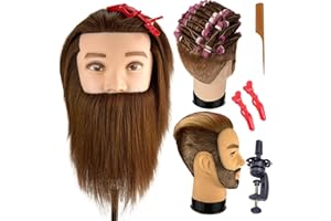 CZRLEATY Mannequin Head Human Hair for Hair Styling, Barber Mannequin Head Male with 100% Human Hair and Beard Cosmetology Training Manikin Head with Stand
