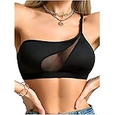 SOLY HUX Women's One Shoulder Wireless Bra Mesh Asymmetrical Adjustable Strap Cami Bralettes Lingerie