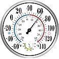 12'' Indoor Outdoor Thermometer Hygrometer - Premium Steel Outdoor Thermometer Large Numbers, Hanging Wall Thermometer Hygrometer for Home, Garden, Patio (No Battery Required)