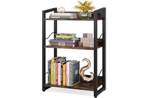Hosfais Book Shelf Small Bookshelf: 3-Tier Wood Bookcase Industrial Bookshelf with Edge Protection Metal Narrow Bookcase Stor