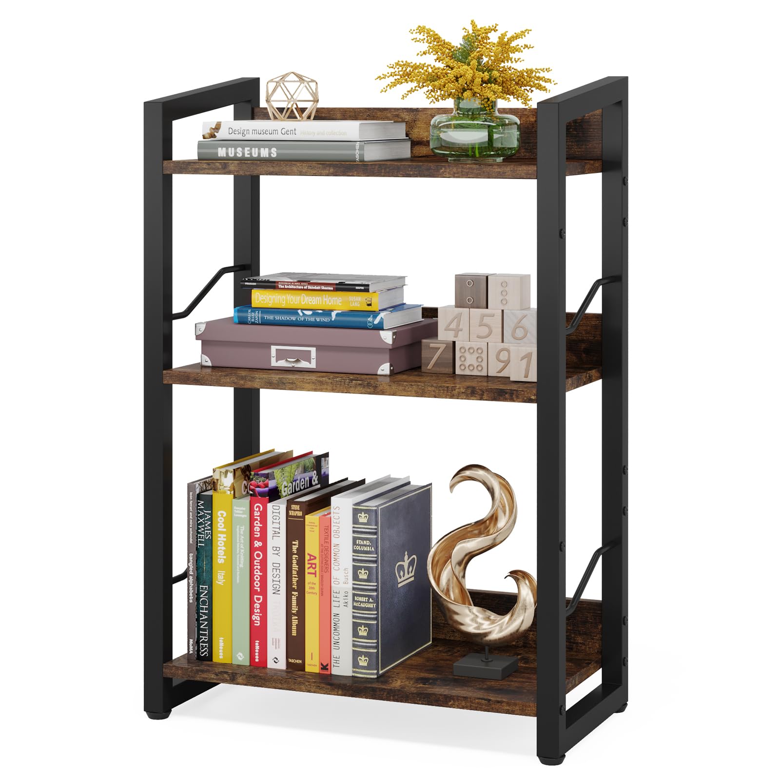 Photo 1 of Hosfais Book Shelf Small Bookshelf: 3-Tier Wood Bookcase Industrial Bookshelf with Edge Protection Metal Narrow Bookcase Storage Organizer Display Rack for Bedroom Home Office (Rustic Brown)