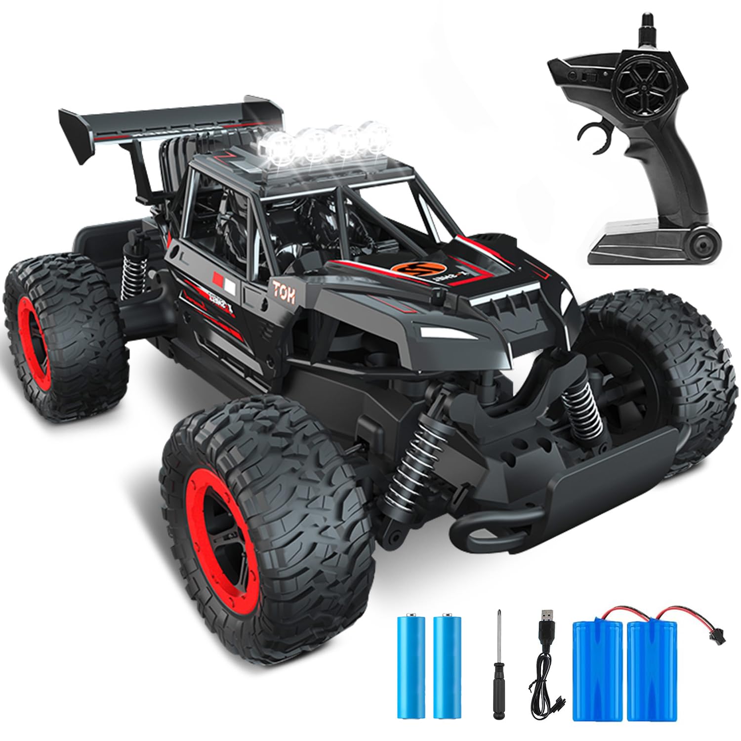 1:14 RC Car for Adults & Kids, 2.4GHz High-Speed Off-Road Remote Control Car with LED Headlights, 20KM/H 4-Wheel Shock Absorption PVC Frame, 2×7.4V Rechargeable Batteries, Black Red, Gift for Age 3-12
