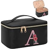 OCHEAL Initial Makeup Bag,Monogram Make up Bag Black Travel Makeup Organizer Case Beauty Toiletry Cosmetic Bag with Brush Holder, Trendy Stuff Personalized Gifts for Women and Girls-A