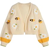 SHENHE Women's Cute Floral Bee Embroidered Crop Cardigan Open Front Lantern Sleeve Knit Sweater
