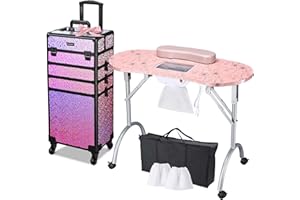 AW BYOOTIQUE Portable Manicure Table for Nail Tech Station Cosmetology Case on Wheels Rolling Makeup 4in1 Travel Trolley Organizer,Mermaid Pink