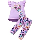 Popshion Little Girls 2 Piece Summer Outfits Flutter Sleeve T-Shirt and Cropped Capri Leggings Kids Clothes Short Sets 2-8t