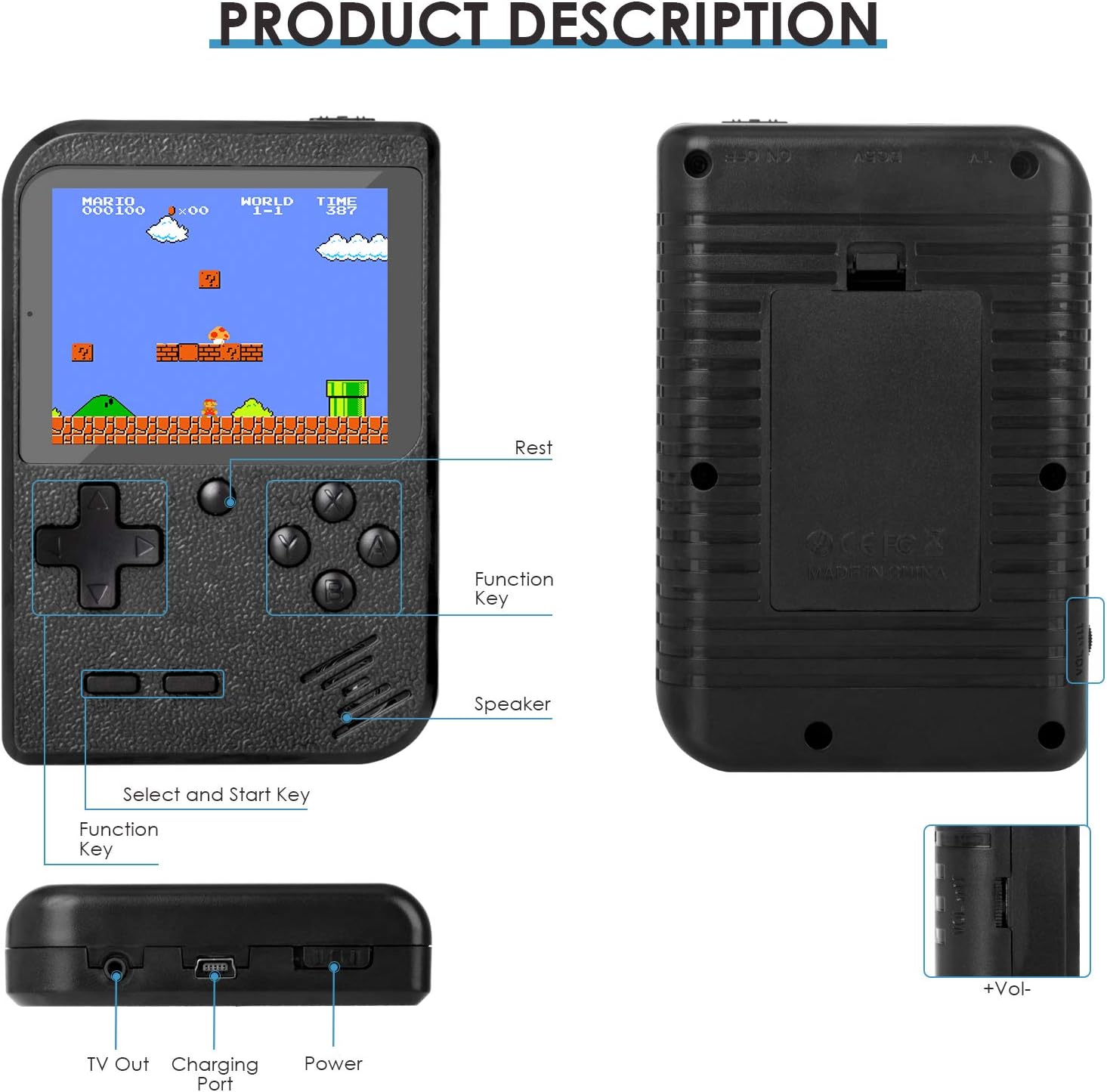 Handheld Game Console, Retro Mini Game Player with 500 Classic FC Games, 3.0 Inch Screen 800mAh Rechargeable Battery Portable Game Console Support TV Connection & Two Players for Kids Adults (Black): Toys & Games