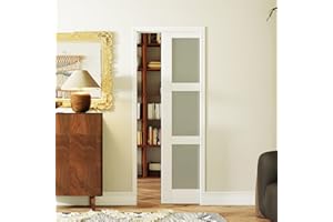 SOLRIG 30" x 80" Sliding Pocket Door Set - Includes 3 Lites Frosted Glass Panel and Frame Kit, Interior & Closet Single Door Slab, White Primed - Panel Assembly Needed