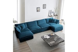 KIVENJAJA Oversized U-Shaped Modular Sectional Sofa, Chenille 4-Seater Cloud Couch with 2 Ottomans/Chaises & 6 Pillows for Living Room Bedroom Office Apartment, 146.5”W, Blue