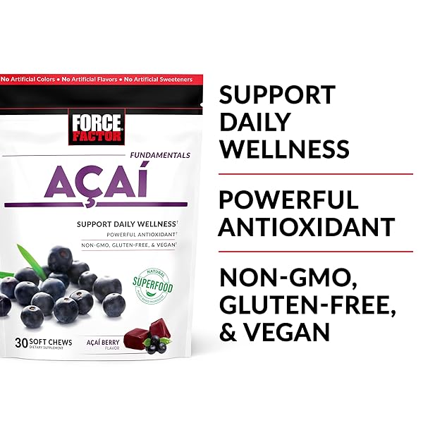 FORCE FACTOR ACAI SOFT CHEWS FOR IMMUNE SUPPORT, OXIDATIVE STRESS DEFENSE, AND DAILY WELLNESS, SUPERFOOD AND ANTIOXIDANTS SUPPLEMENT, NON-GMO, GLUTEN-FREE, AND VEGAN, ACAI BERRY FLAVOR, 30 SOFT CHEWS