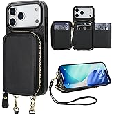 Bocasal RFID Blocking Wallet Case for iPhone 17 Pro Max, Adjustable Crossbody Zipper Purse Case Card Holder with Kickstand Detachable Wrist Strap, PU Leather Flip Folio Case 6.9 Inch 5G (Black)