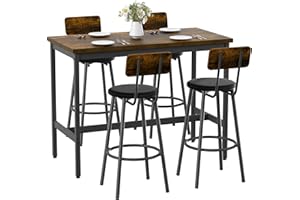 Elevon 47 in Long Bar Table Set with 4 PU Leather Bar Stools, Dining Table and Chair Sets, Industrial Tall Coffee Table and Back Chair for Kitchen, Living Room, Party Room, Pub, Brown