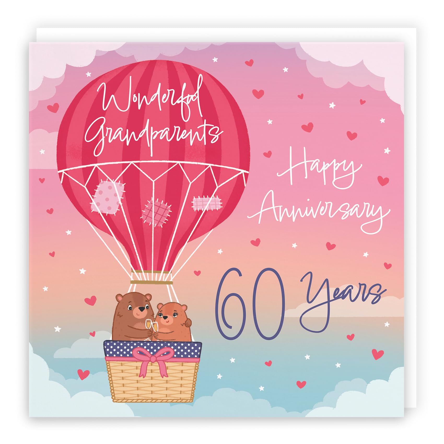 Hunts England - Large 60th Grandparents Hot Air Balloon Anniversary Card - Cute Bears Collection - 60th Anniversary Card For Grandparents - Champagne And Love Hearts - 210 x 210 mm