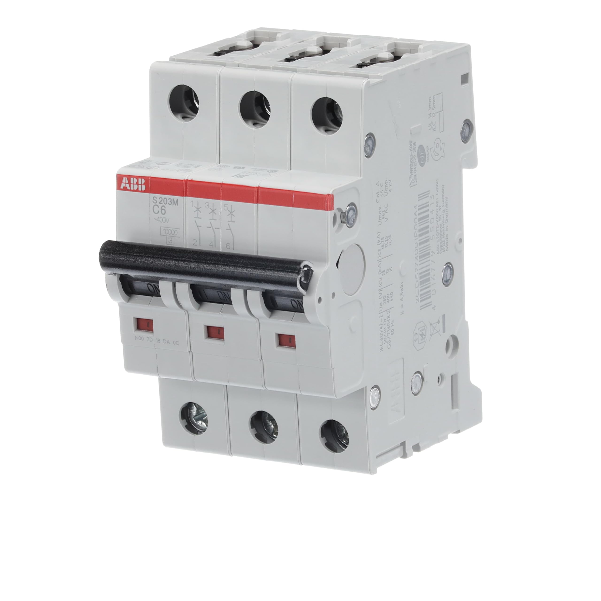 ABB S203M-C6 Miniature Circuit Breaker, 3 Pole, Type C, 10kA/15kA Breaking Capacity, 6 Amp Current (2CDS273001R0064) — image 1