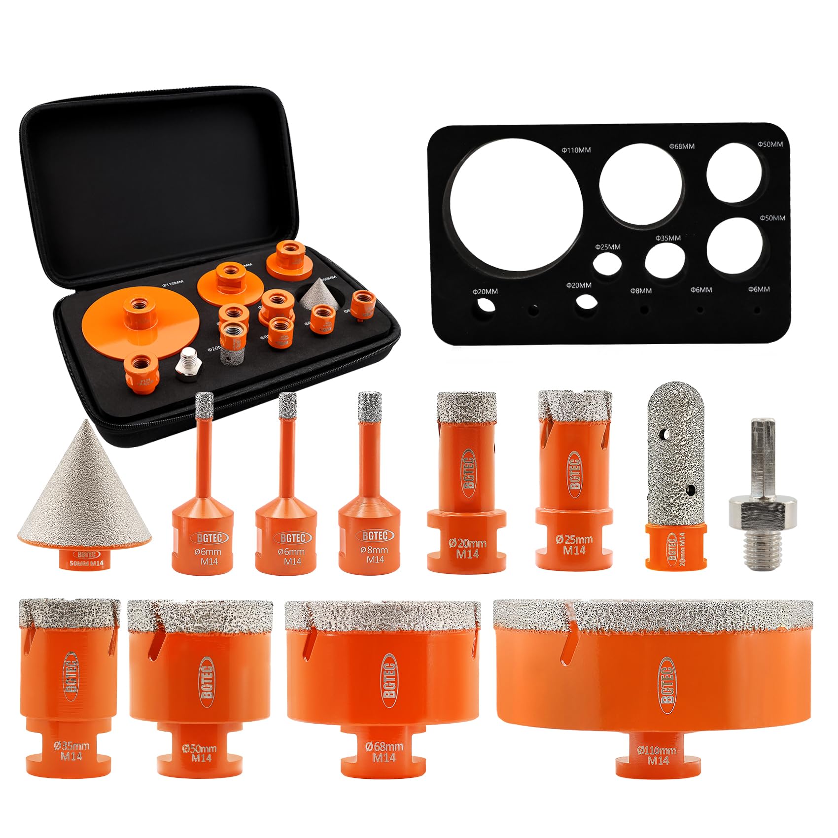 Diamond Drill Bit Kit BGTEC Diamond Hole Saw Tile Cutter,M14 Thread 12pcs 6/6/8/20/25/35/50/68/110mm Bits+20mm Milling Finger Bit+50mm Chamfer Bit for Porcelain Tile Ceramic Tile Marble Granite