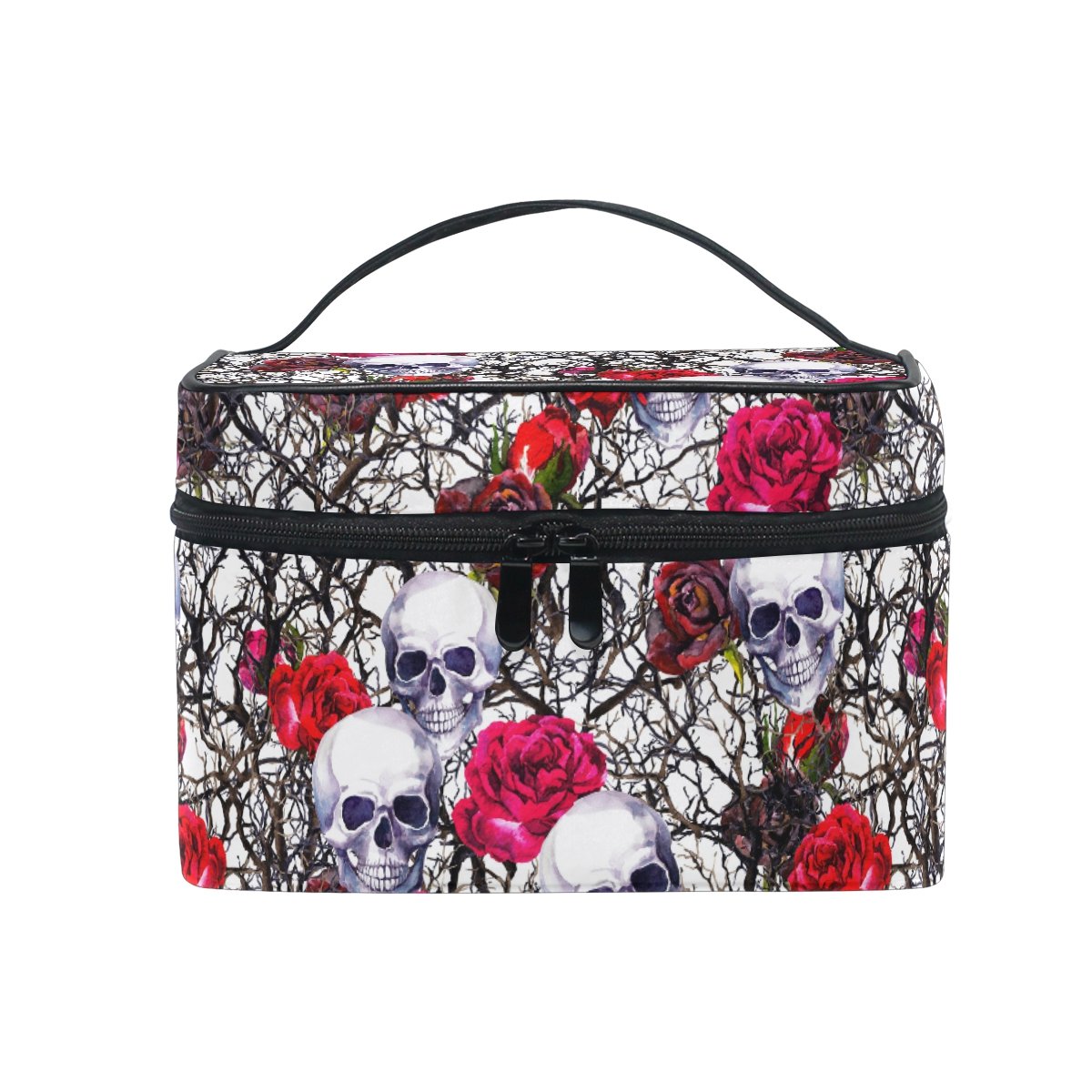 Makeup Bag, Sugar Skull Floral Pattern Print Cosmetic Toiletry Storage Large Travel Handle Personalised Pouch with Compartments for Teenage Girl Women Lady