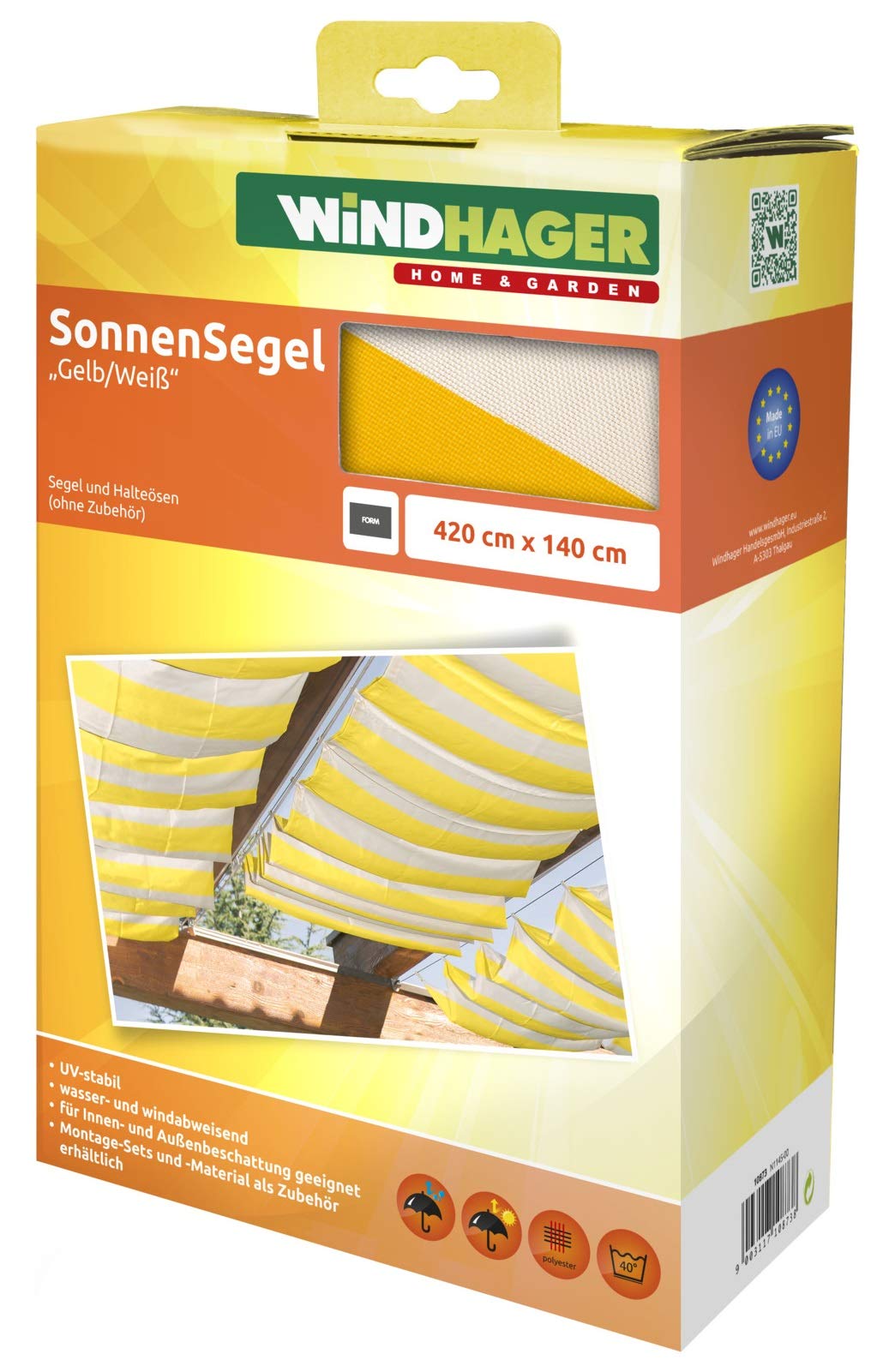 Windhager 10873 rope-pull sun sail 420 x 140 cm, yellow/white