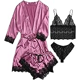 Kunpengzhi Womens Silk Pajamas Robes Set 4PACKS Sexy Pjs Cami Shorts Satin Sleepwear Lace Loungewear (US, Alpha, XX-Large, Regular, Regular, Purple)