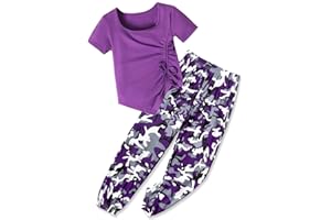 Sislerew Clothes for Girls Irregular Ruched Drawstring Short Sleeve Top and Girls Camouflage Pants 2Pcs Summer Girls Clothes