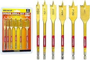 YOKOCUT Spade Drill Bit Set, 6PCS Paddle Bits Set, 3/8"-1" Spade Bits with 1/4 Hex Shank, Wood Hole Cutter, Drill Bits for Wood