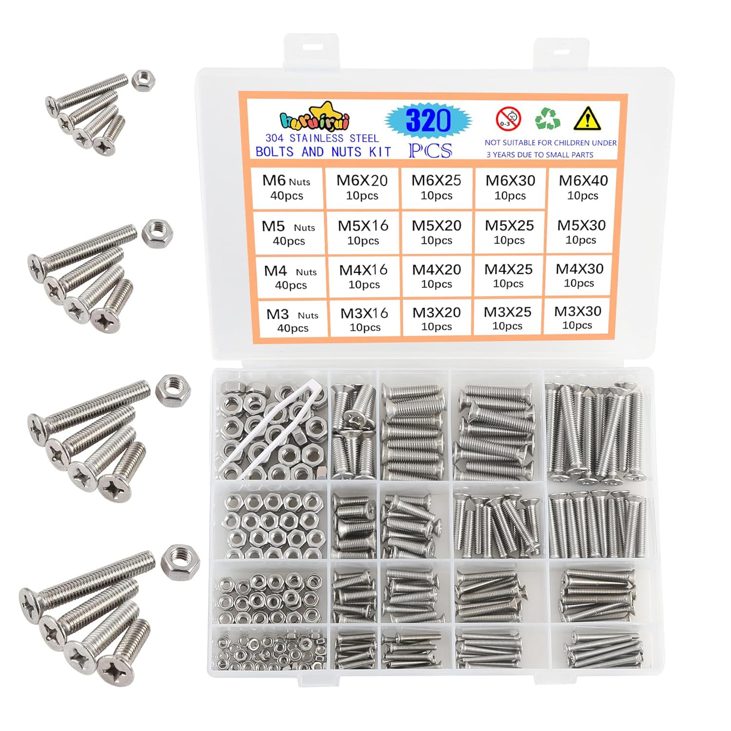 huruirui Nut and Bolts Set M3 M4 M5 M6 304 Stainless Steel Flat Head Cross Screw Bolt Nuts Kit Hexagon Machine Screw With Storage Box 320PCS โ image 1