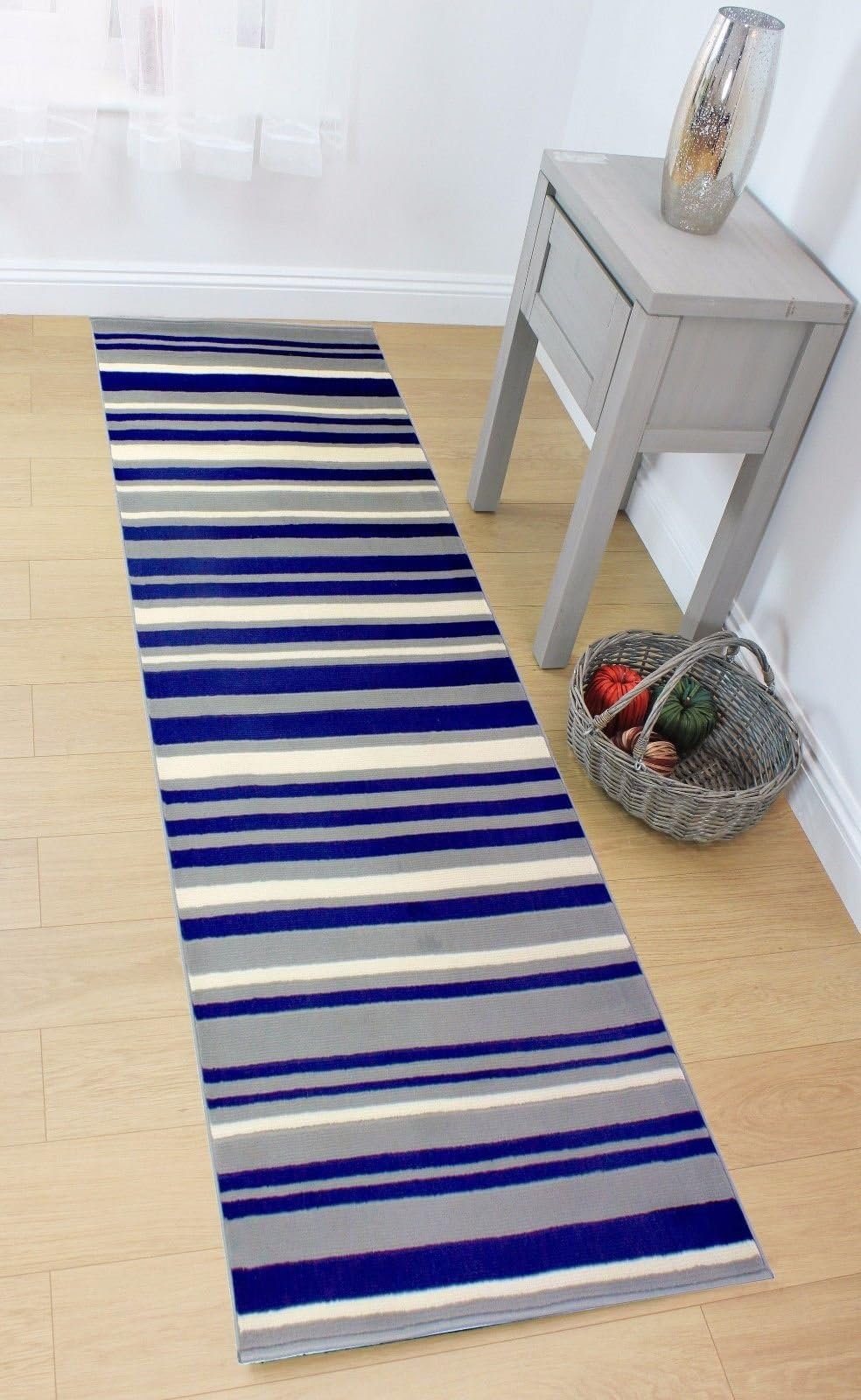 Lord of Rugs LONG MODERN TRADITIONAL STRIPED HALLWAY HALL RUNNER RUG IN BLUE GREY IN VARIOUS SIZES (60x220cm (2'x7'3''))