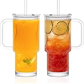 26oz Ribbed Glass Tumbler with Handle & Lid, 2-Pack Clear large Iced Coffee Cups with Straws, Spill proof Glass Mug for Cold & Hot Beverages, Aesthetic Travel Cup for Smoothies, Tea, and Juice