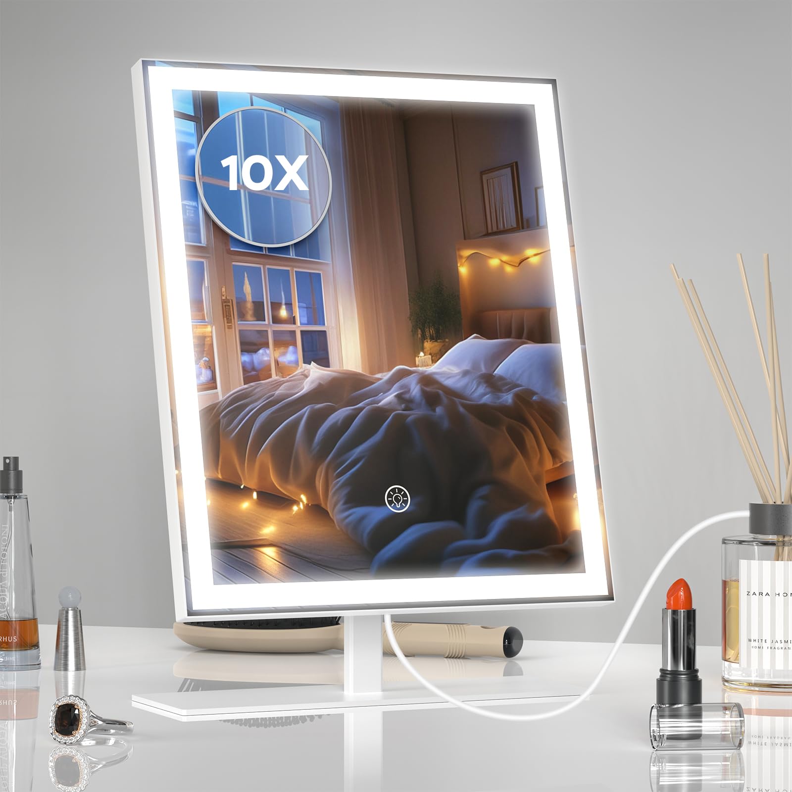 Amdelne Vanity Mirror, LED Makeup Mirror with Lights, Dimmable Light up Mirrors for Dressing Table, 3 Lighting Modes, 120° Rotatable, Touch Control, Easy to Clean, 25 x 34cm, White, Powered by USB-C