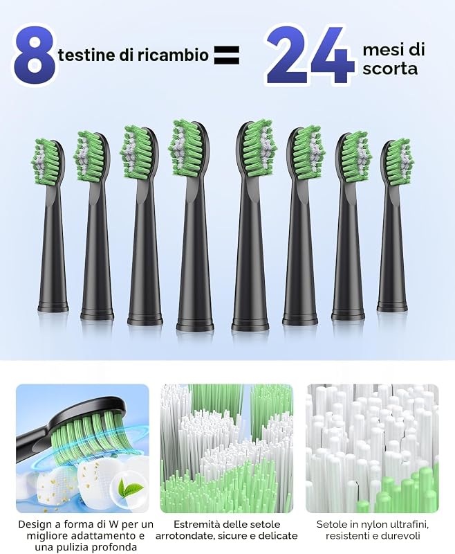 Spazzolino Elettrico Sonico – Pulizia Profonda per Gengive Sensibili, 5 Modalità, 45 Giorni di Batteria, 8 Testine, IPX7 Impermeabile, Timer Intelligente, Ideale per Viaggi (Nero)