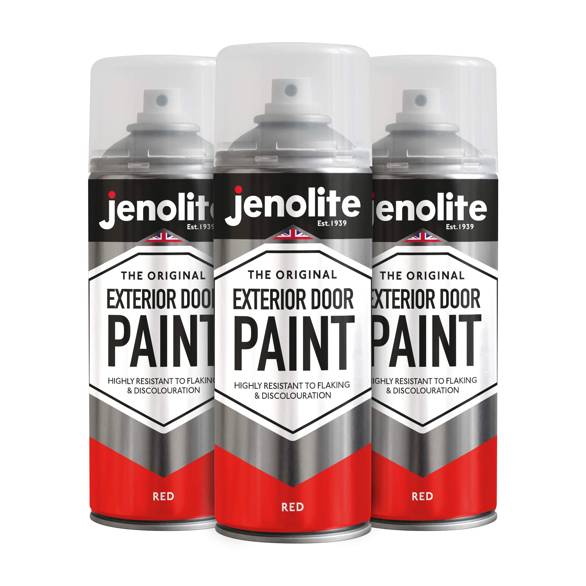 JENOLITE Exterior Door Paint Aerosol | RED | Multi Surface | Metal & Wood Doors, Garage Doors & Windows | 3 x 400ml | RAL 3020