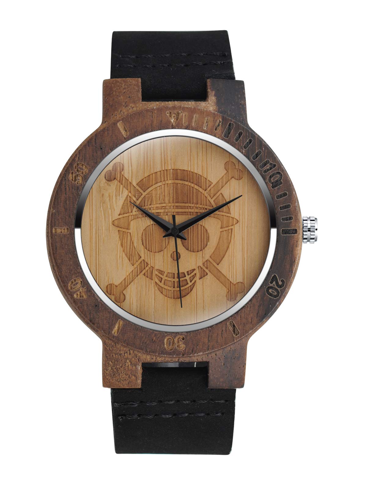 MicLee Men's Wrist Watches, Men's Women's Bamboo Wood Watch, Anchor Skull Wooden Watch, with Leather Band, Natural Wood Quartz Watch, Decorative Casual Watch