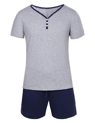 Hawiton Herren Schlafanzug Kurz Pyjama Baumwolle Sommer Nachtwäsche Shorty Schlafoberteil mit Knöpfleiste