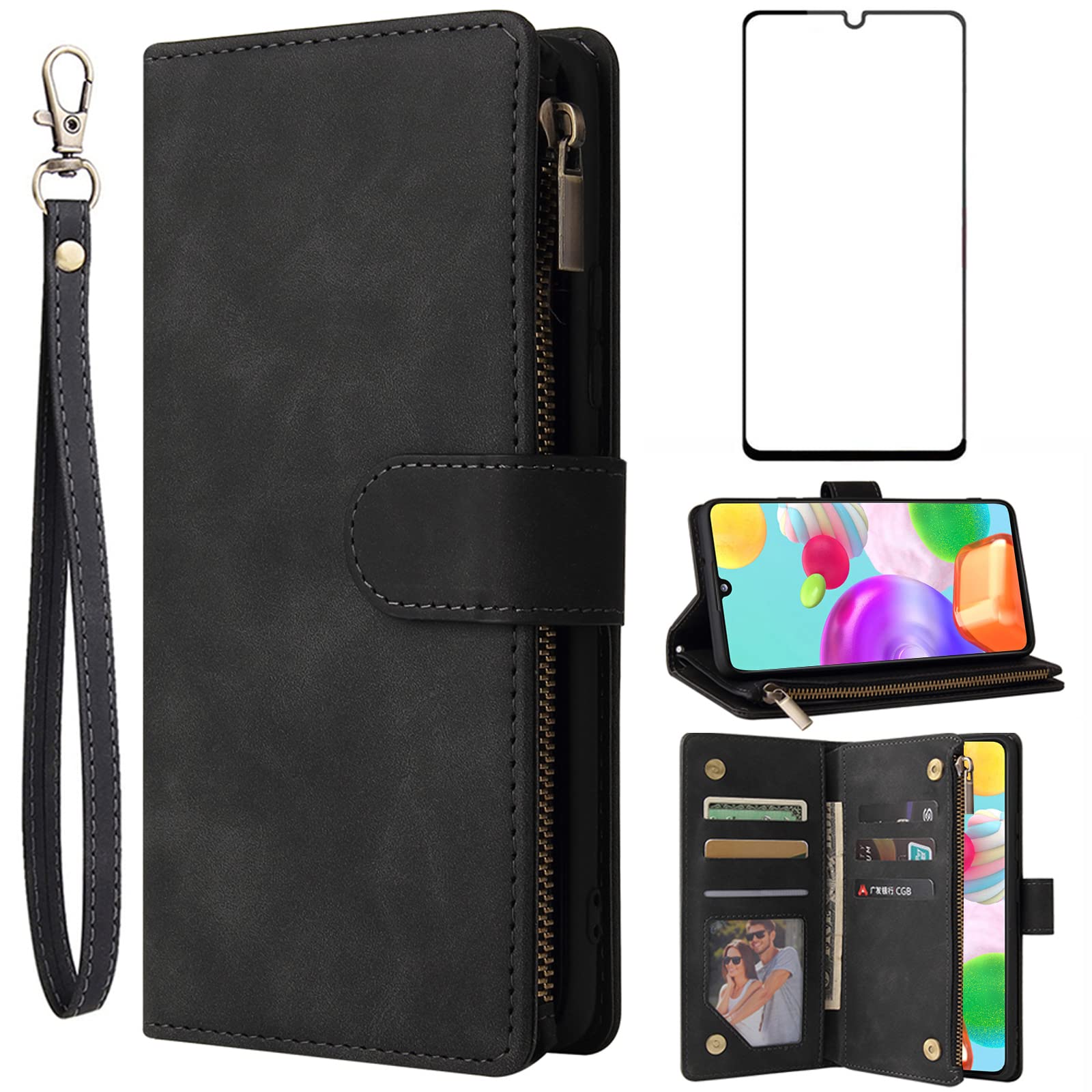 Asuwish Compatible with Samsung Galaxy A41 Wallet Case Tempered Glass Screen Protector and Leather Flip Cover Card Holder Cell Accessories Phone Cases for Glaxay A 41 4G Gaxaly 41A Women Men Black — image 1