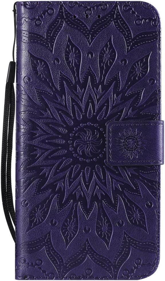 Vagenno Huawei Y9 2019 Case, Shockproof PU Leather Flip Case Cover Notebook Wallet Embossed Sun flower with Stand Card Holder Soft TPU Bumper Protective Skin Case,Purple