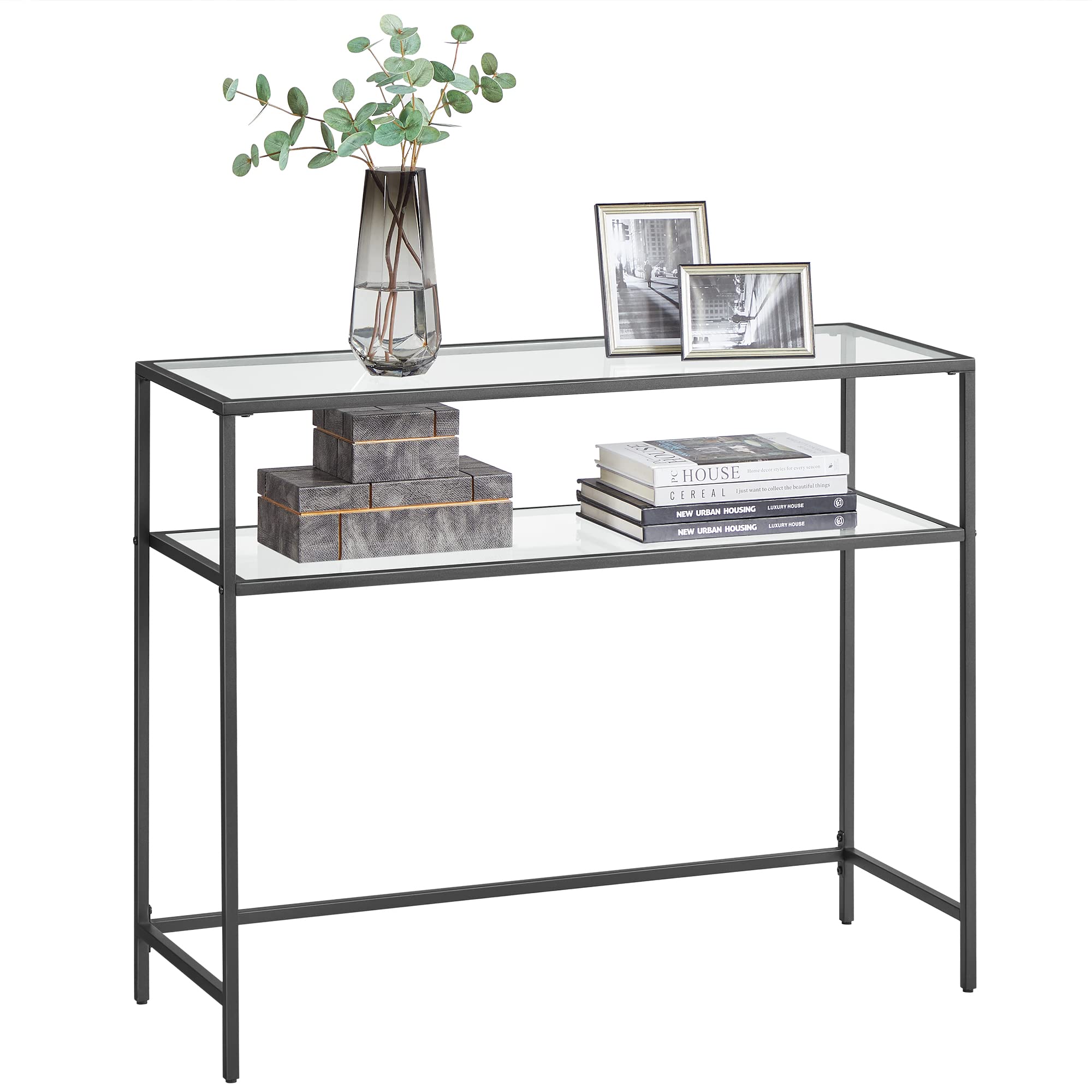 VASAGLE Console Table, Entrance Table, Sofa End, Tempered Glass Table Top, Metal Frame, 2 Levels, Adjustable Legs, for Living Room, Entrance, Hallway, Black LGT025B01