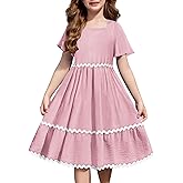 Arshiner Girls Summer Dress Flutter RIC Rac Tiered Short Sleeve Square Neck Casual Midi Dresses with Pockets