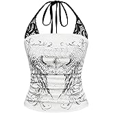 SOLY HUX Women's Graphic Halter Tops Y2k Gothic Lace Rhinestone Ruched Sleeveless Cami Crop Top Alternative Clothes