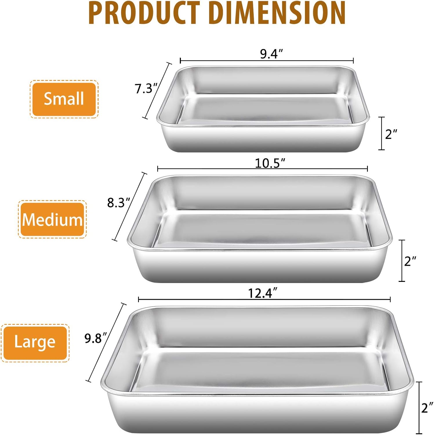 Baking Pans Set of 3, E-far Stainless Steel Sheet Cake Pan for Oven - 12.5/10.5/9.4Inch, Rectangle Bakeware Set for Cake Lasagna Brownie Casserole Cookie, Non-toxic & Healthy, Dishwasher Safe: Kitchen & Dining