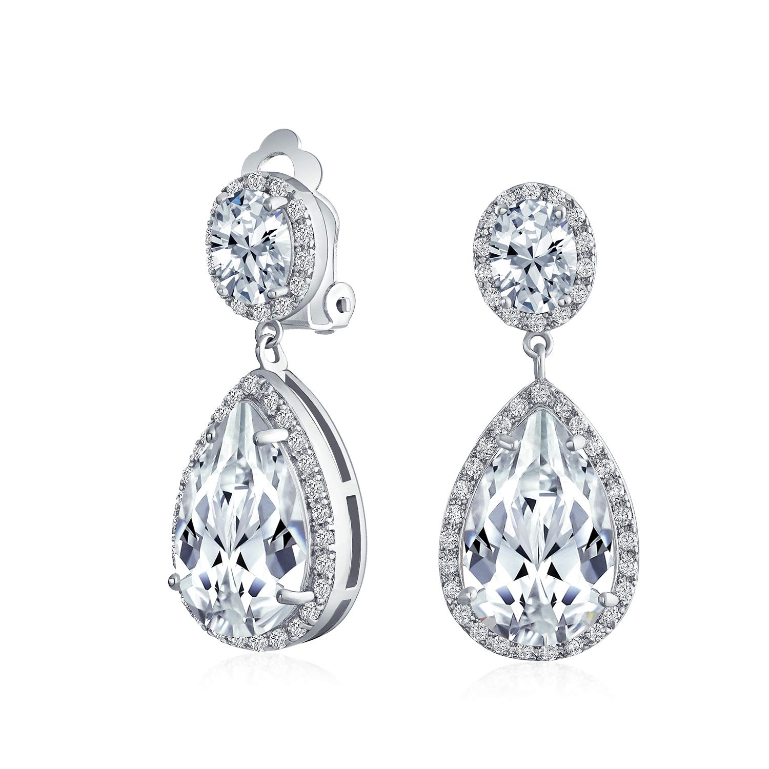 Large Teardrop Cubic Zirconia Pave CZ Halo Prom Statement Dangle Clip On Earrings For Women Silver Plated Brass