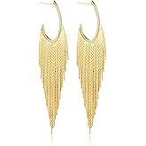 WASAIE Boho Linear Tassel Drop Dangling Earrings For Women,Long Formal Country Bohemian Fringe Chain Chandelier Prom Statement Trendy Earrings For Party Prom